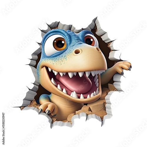 Sticker 3D de Jeune Dinosaure Joyeux Sortant d'un Mur Craquelé – Illustration Enfantine et Amusante