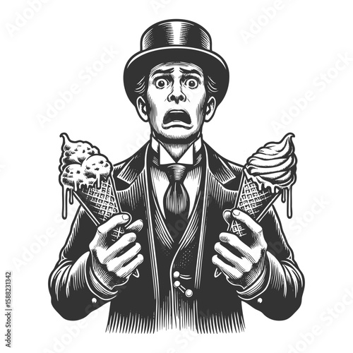 Funny gentleman looking horrified while holding two melting ice cream cones sketch engraving generative ai fictional character vector illustration. Scratch board imitation. Black and white image.