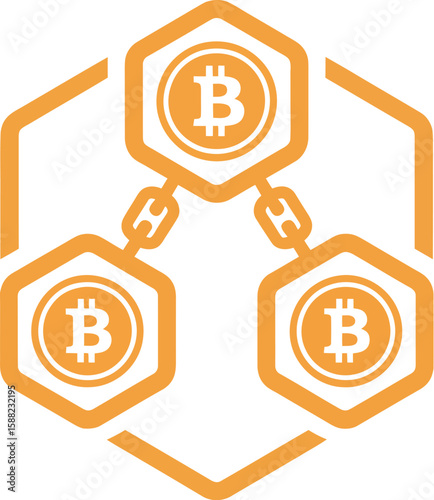 Illustration of a bitcoin blockchain network in orange on a white background