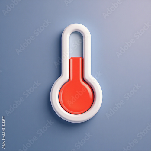 Close up of a white and red thermometer against a light blue background showing a warm temperature