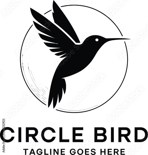 A black hummingbird silhouette inside a circle on a light gray background
