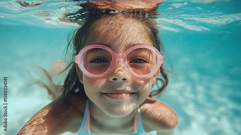 Naklejka premium Little Girl Swimming Underwater in Clear Blue Pool Wearing Pink Goggles