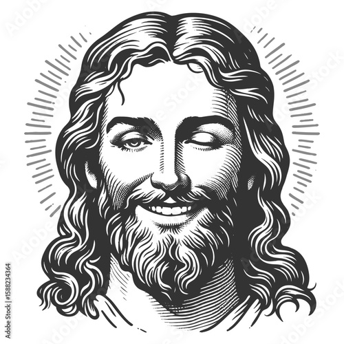Jesus Christ with a crown of thorns, smiling and winking playfully, surrounded by a radiant halo sketch engraving generative ai fictional character vector illustration. Scratch board. Black and white.