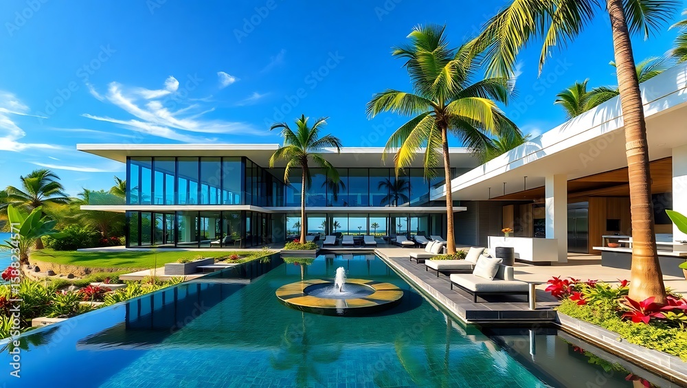 Fototapeta premium Modern luxury villa with a pool and palm trees against a clear blue sky on a sunny day view
