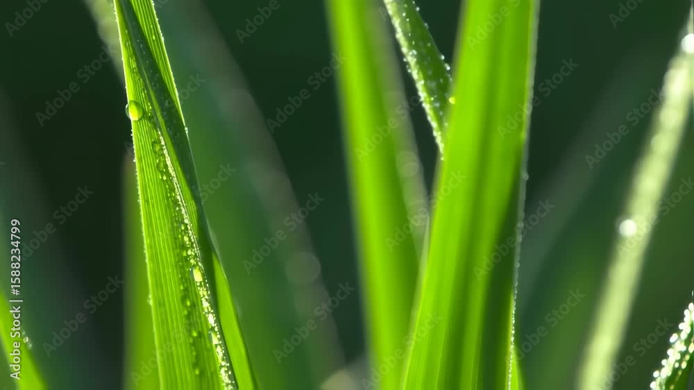 Closeup of Fresh Green Grass Blades with Dew Drops in Morning Light Closeup of Fresh Green Grass Blades with Dew Drops in Morning Light