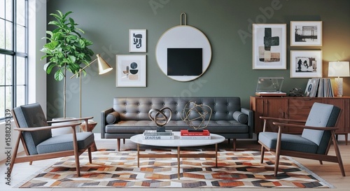 Stylish mid-century modern living room with black sofa, green wall, and curated decor. Inviting &  chic