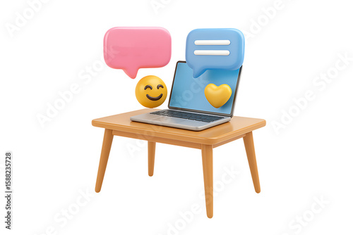 Laptop with chat bubbles and emoji isolated on transparent background