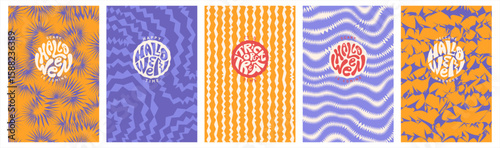 Happy Halloween backgrounds set. Abstract funky groovy psychedelic  patterns. Round handwritten hand lettering collection. Twisted distorted spiked curved uneven doodle wavy winding lines, stripes