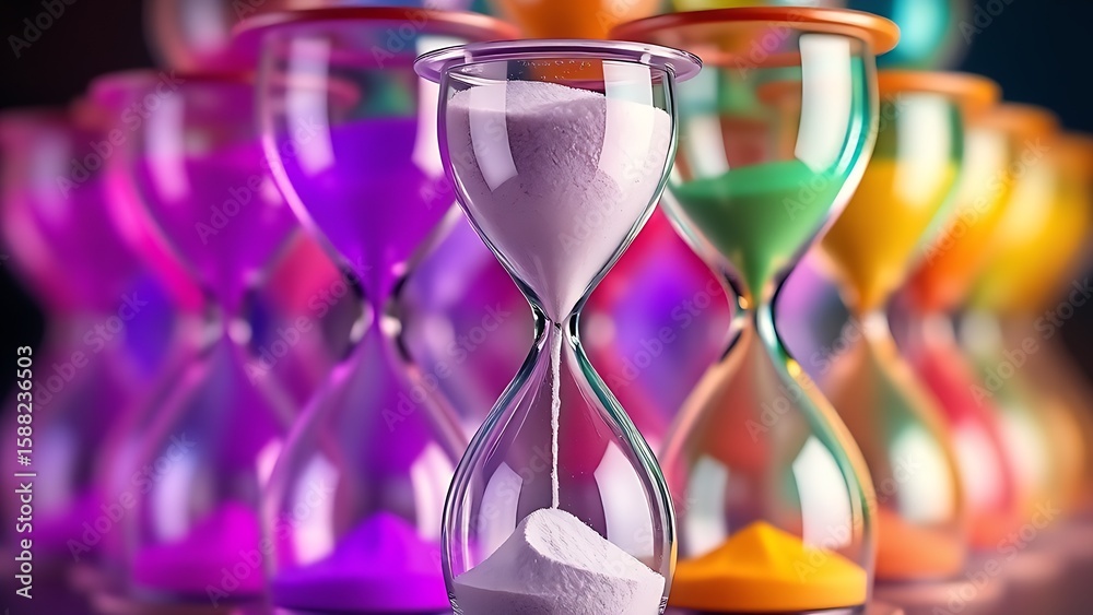 Fototapeta premium Colorful overlapping hourglasses with upward-flowing sand, depicting the unique perception of time in ADHD.