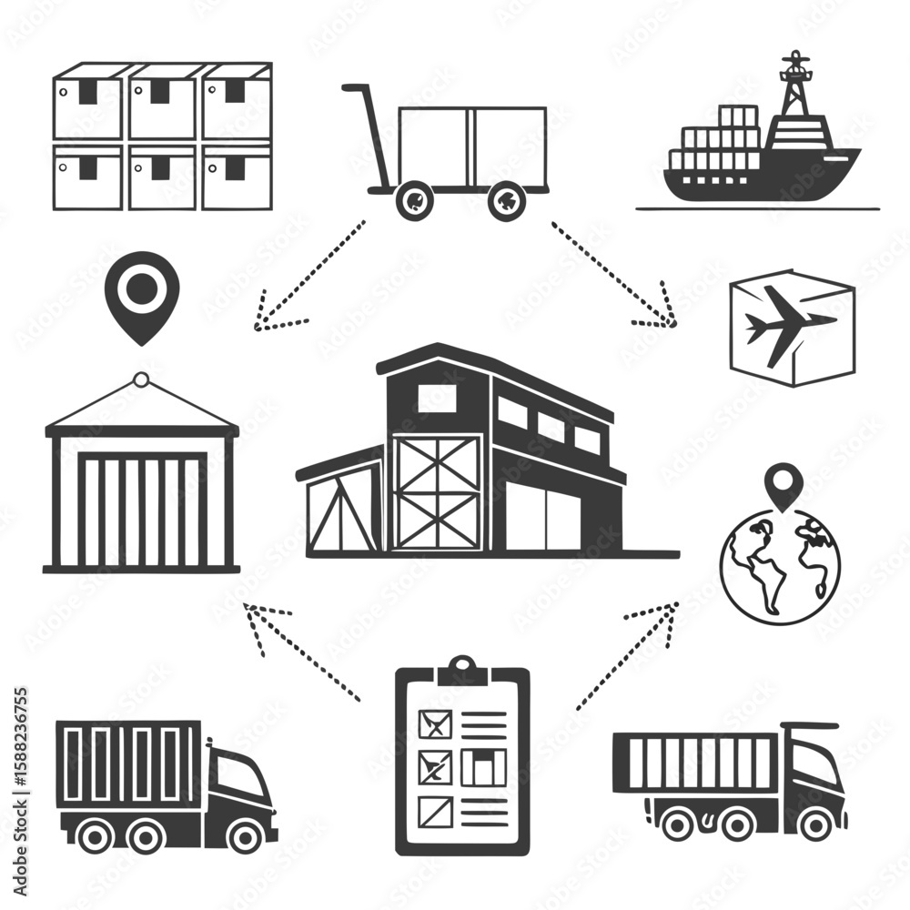 Obraz premium Monochrome Supply Chain Line Icons Vector Set – Logistics, Shipping, Transport Symbols