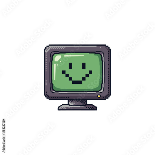 Pixelated illustration of a vintage computer monitor displaying a green smiley face on its screen.