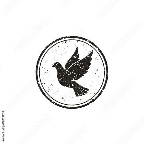 A stylized black dove in flight, encircled within a distressed circular stamp.