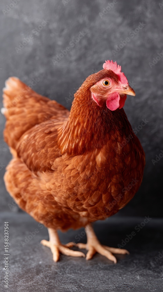 Fototapeta premium Close up of a healthy brown hen standing on a dark textured surface with a muted background