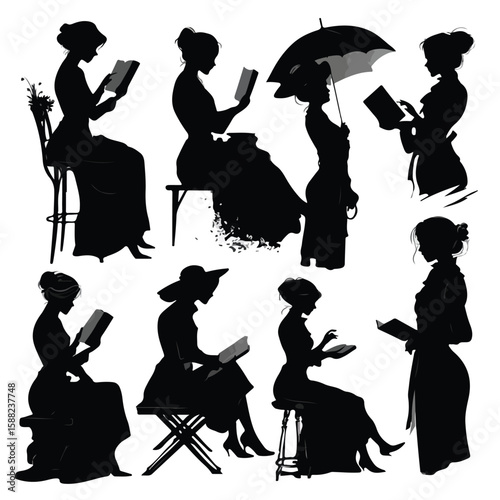 woman silhouette set reading, Black & White silhouette set 