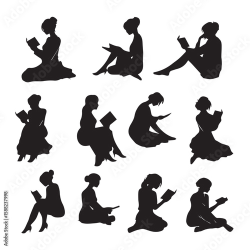 woman silhouette set reading, Black & White silhouette set 