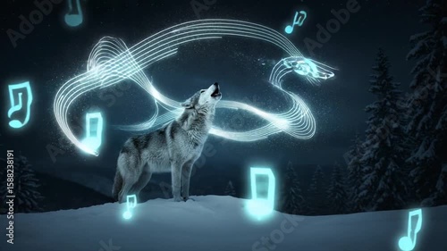 Howling wolf surrounded by musical notes in winter night