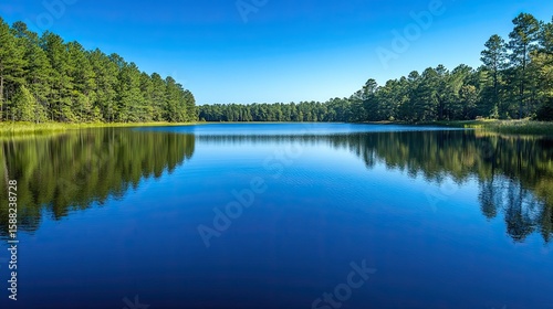 Lake reflecting a clear blue sky, showcasing the serene depth and clarity of the water in a peaceful landscape.
