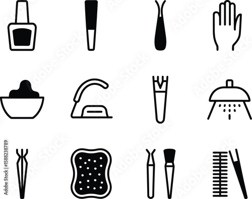 Collection of simple black and white icons representing beauty and personal care items