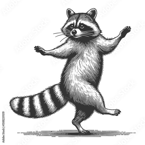 cheerful raccoon dancing, full of charm and playfulness sketch engraving generative ai vector illustration. Scratch board imitation. Black and white image.