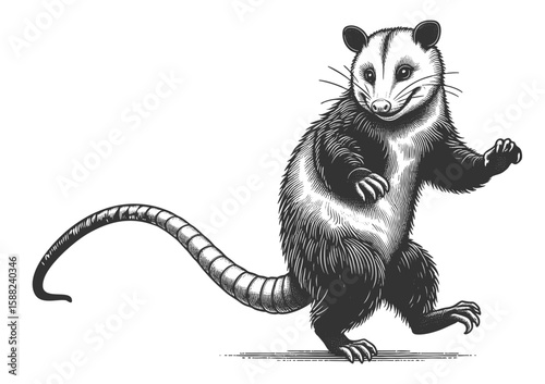 Dancing Opossum sketch engraving generative ai fictional character vector illustration. Scratch board imitation. Black and white image.