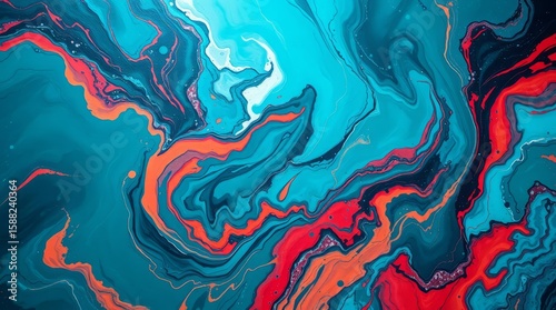 Abstract Fluid Art in Teal and Red: Dive into the mesmerizing swirl of abstract fluid art, where vibrant teal and fiery red hues dance in a symphony of motion.