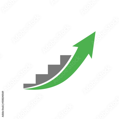 Green arrow ascending alongside grey stairs, symbolizing growth and progress.