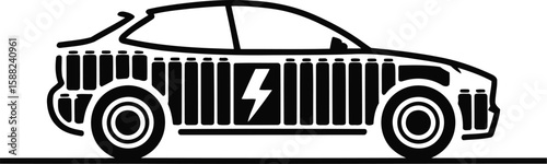 Electric car with battery icon and lightning symbol representing energy storage, clean transport, and sustainable mobility
