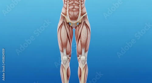 Anatomical Male Muscular Legs and Lower Torso Model on Blue Background