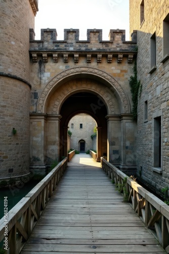 A Wooden Bridge Leading Through a Majestic Stone Archway into a Fortified Structure