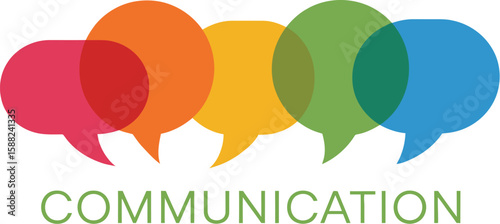 Colorful speech bubbles above the word communication on a white background
