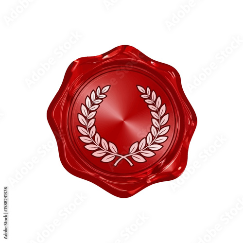 Red wax seal with a laurel wreath, digitally rendered.