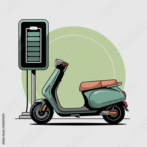 electric scooter at charging station with battery symbol representing eco-friendly mobility and sustainable transport concept