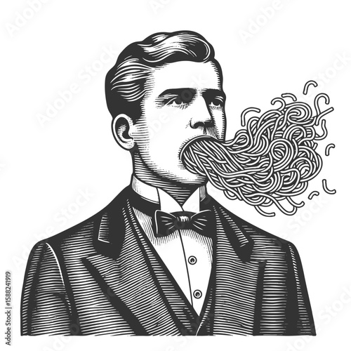serious man in formal clothing with spaghetti flowing from his mouth in surreal fashion sketch engraving generative ai fictional character vector illustration. Scratch board. Black and white image.