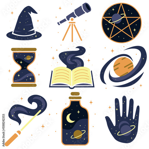Mystical and cosmic vector illustration set with witchcraft, galaxy, and astrology symbols in modern flat style. Perfect for prints, posters, and digital design.