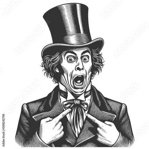 shocked man in a top hat dramatically pointing at his bow tie with wide open mouth sketch engraving generative ai fictional character vector illustration. Scratch board imitation. Black and white.