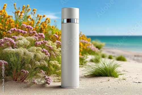 Lotion Bottle on a Sandy Beach with Waves in the Background