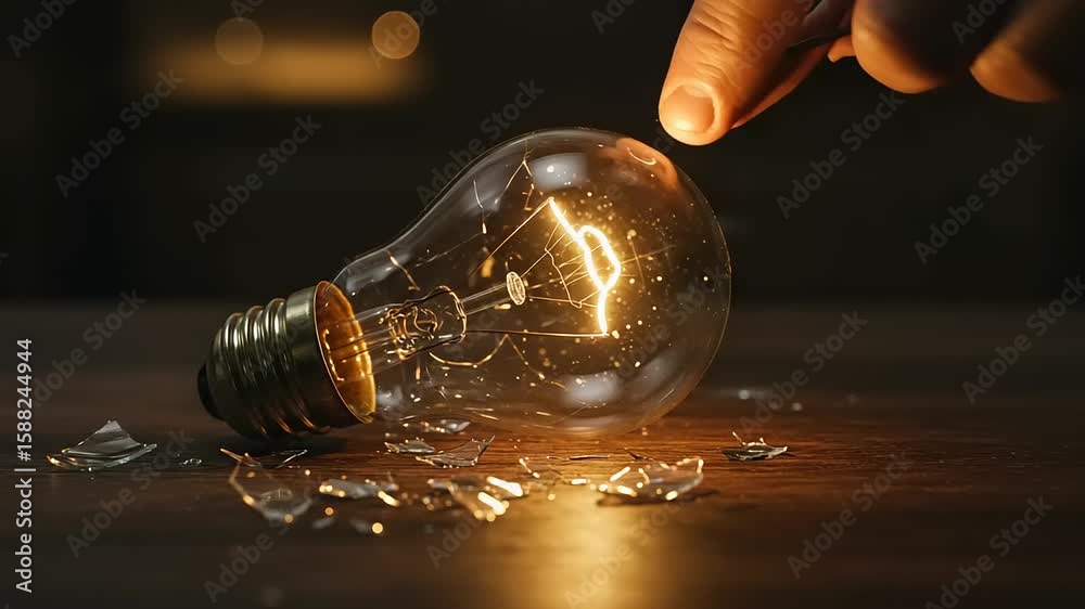 Hand touching broken light bulb with glowing filament