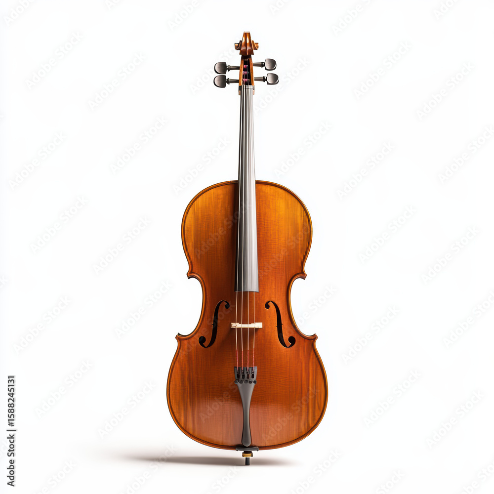 Fototapeta premium A classic wooden cello standing upright on a white background, showcasing its polished body, strings, and tuning pegs.