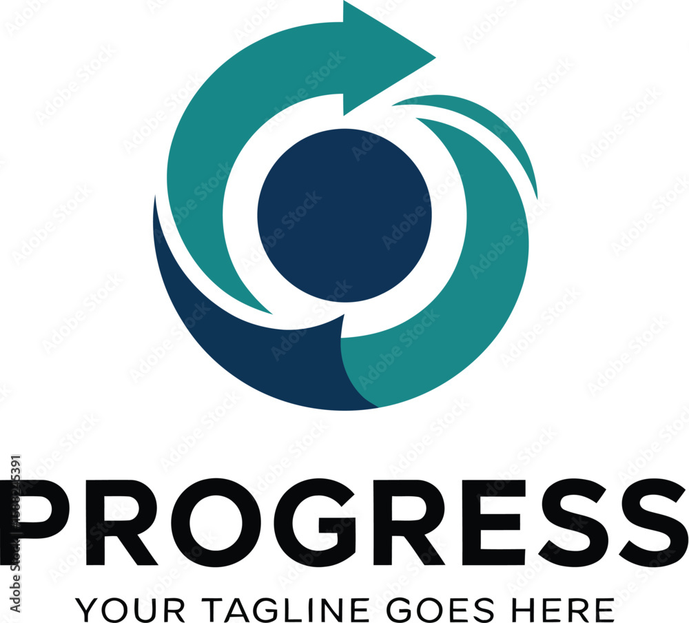 Obraz premium Circular progress logo with arrow and central dark blue circle shape design