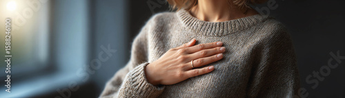 Woman hand on chest cozy sweater soft light peaceful mood emotional gesture indoor autumn closeup comfort relaxation