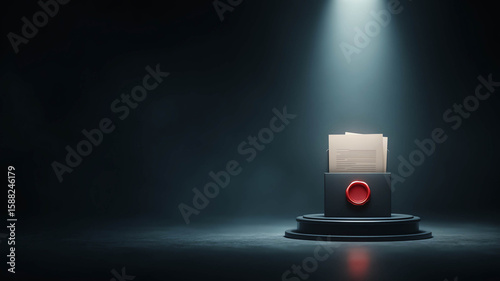 Confidential document spotlight secure room pedestal secrecy dramatic dark background high security alert privacy