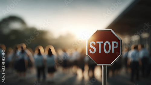 Red stop sign in school zone with blurred students in uniform sunlight safety caution outdoor education warning morning.