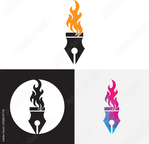 Pen fire vector logo illustration. Flaming Pen Nib Logo Vector.