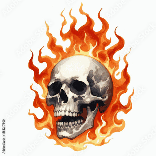 Crimson Bloom Skull surrounded by flames isolated watercolor vector illustration svg