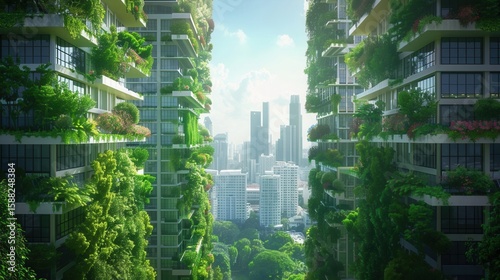 Green highrise buildings with vertical gardens in city