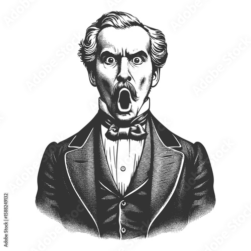 mustached Victorian-era man in formal attire, looking shocked with wide eyes and mouth open sketch engraving generative ai fictional character vector illustration. Scratch board. Black and white.