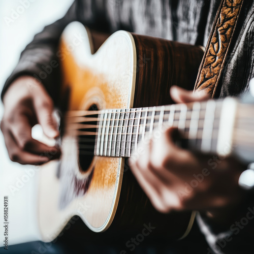 Close-up of a person playing an acoustic guitar with a detailed leather strap, capturing the hands and guitar strings in sharp focus.