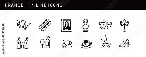 14 elegant icons showcase French culture, including Eiffel Tower, Mona Lisa, baguettes, and wine, capturing romance and art.