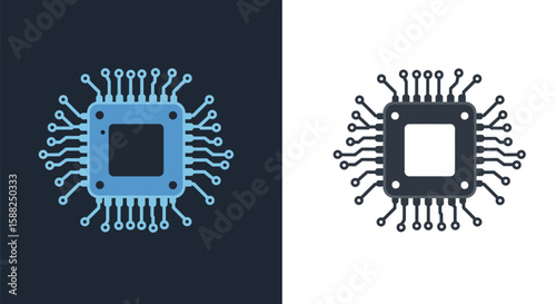 Microprocessor chip with pins colored and line art version illustration