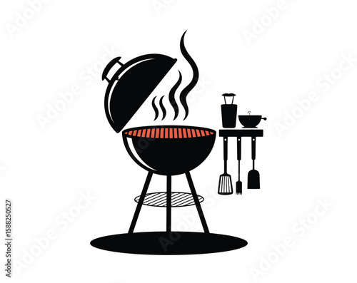 BBQ Grill with Utensils and Smoke Silhouette Vector Art